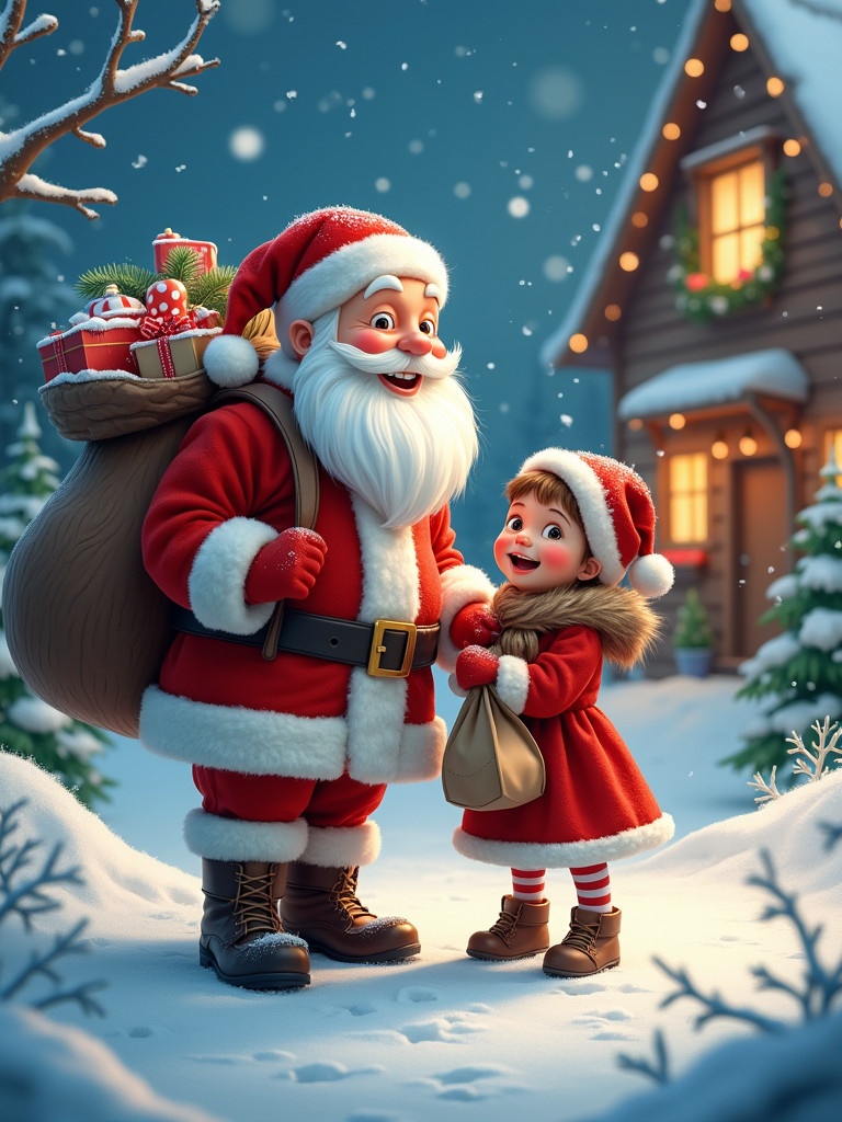 Magical scene with Santa Claus in a snowy landscape. Cheerful Santa with a white beard stands next to a happy child. Child holds a small bag. Snowflakes fall around them. Cozy house with Christmas decorations in the background.