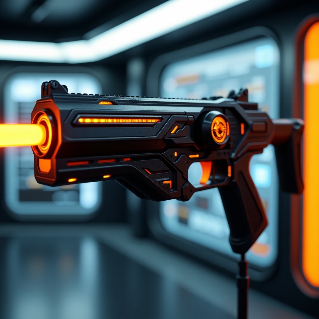 Highly detailed futuristic gun in modern sleek environment. Black body with vibrant orange highlights. Glowing laser emitted from barrel. Background features advanced technology and robotic displays.