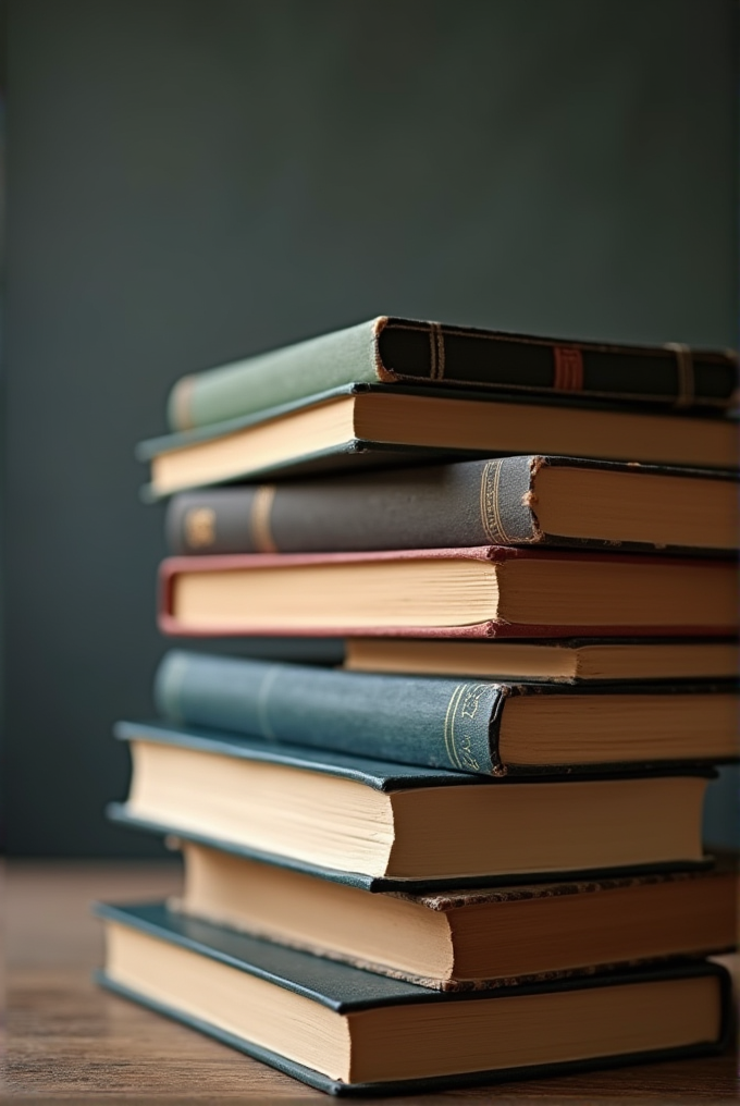 A neatly stacked pile of hardcover books against a dark, blurred background.