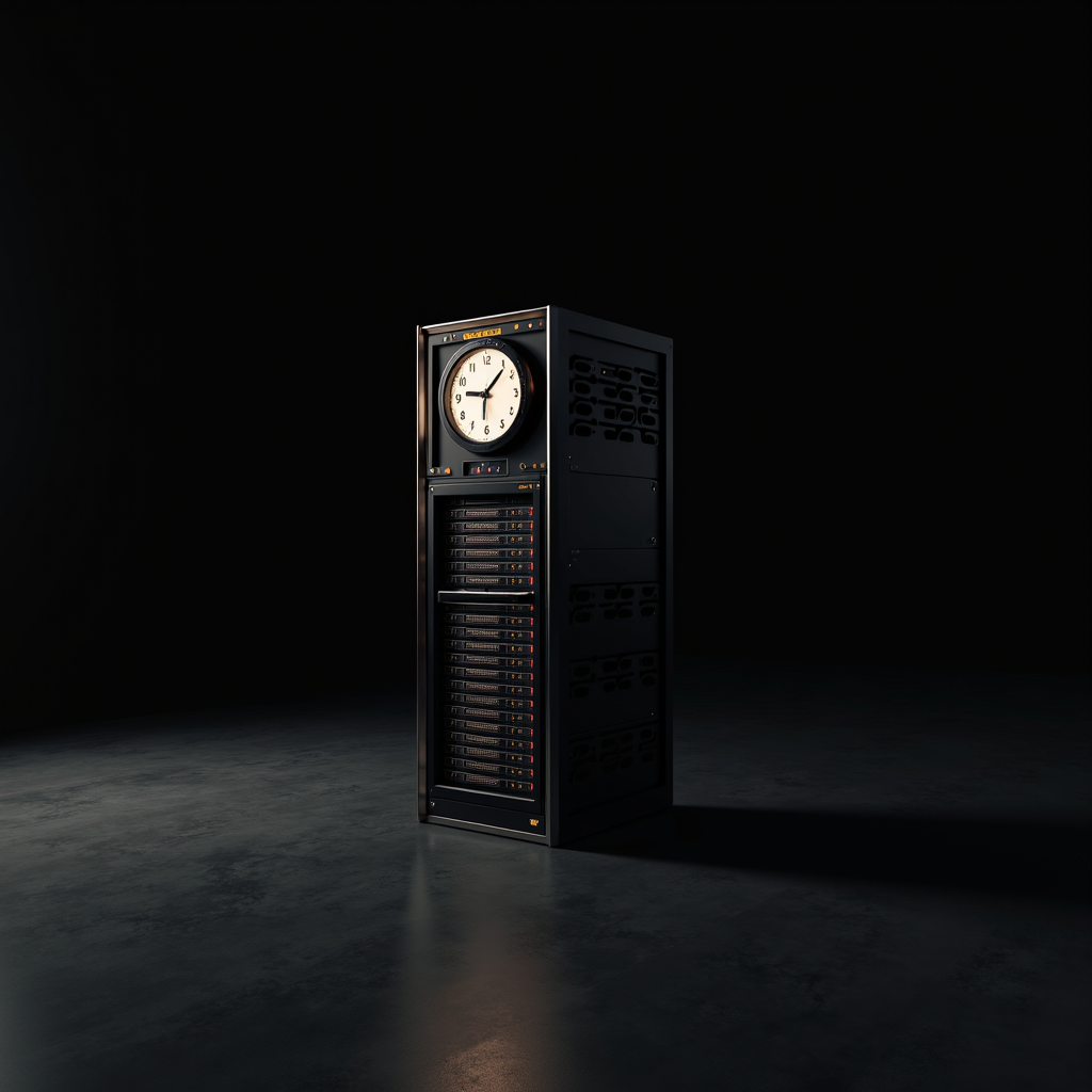 A dimly lit server rack stands in a room with a large, prominently displayed clock, blending the themes of technology and time.