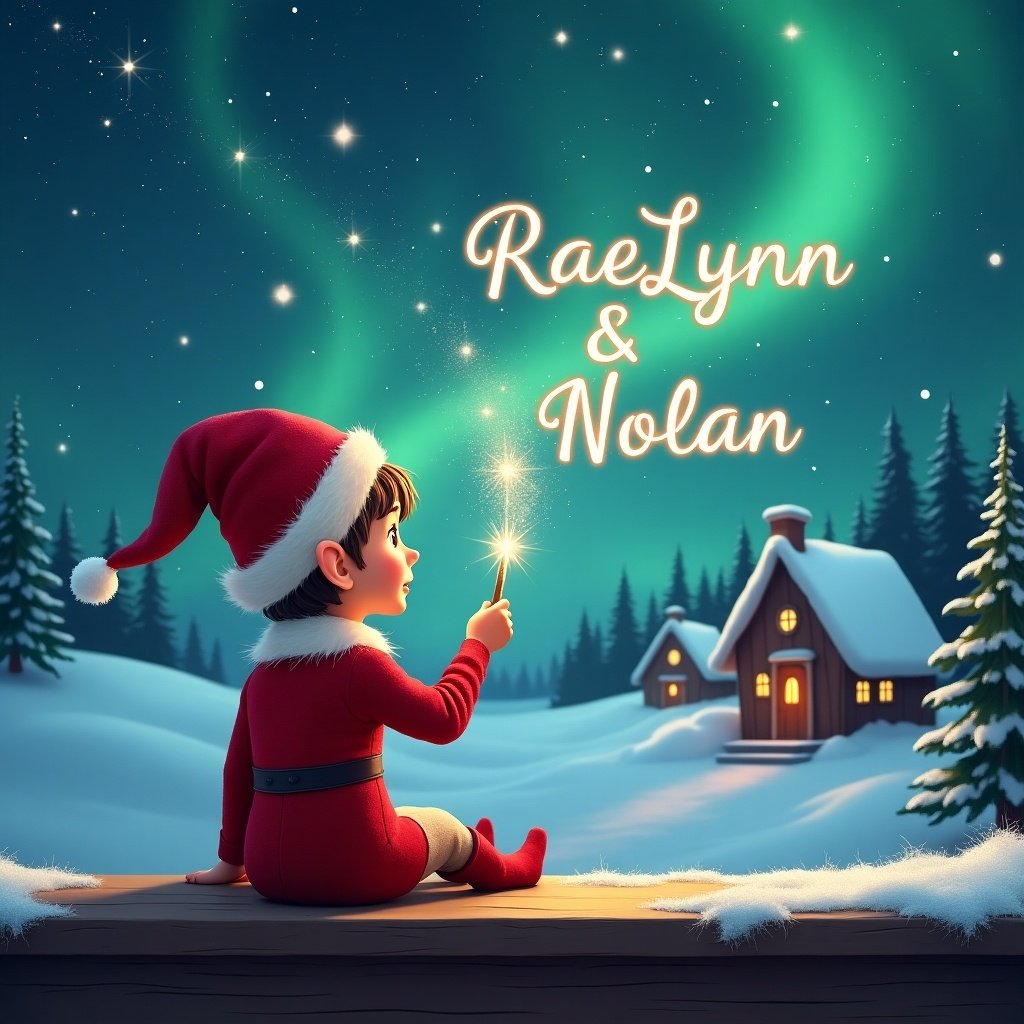 An elf sits on a wooden ledge with its back to the camera, gazing at a magical sky. The elf, dressed in a red outfit with a pointed hat, holds a sparkling wand. With the wand, the elf elegantly writes the names 'RaeLynn' and 'Nolan' in the starry sky. The background features a snowy landscape with charming little houses and evergreen trees under the shimmering Northern Lights. This whimsical scene captures the essence of childhood magic and Christmas cheer.