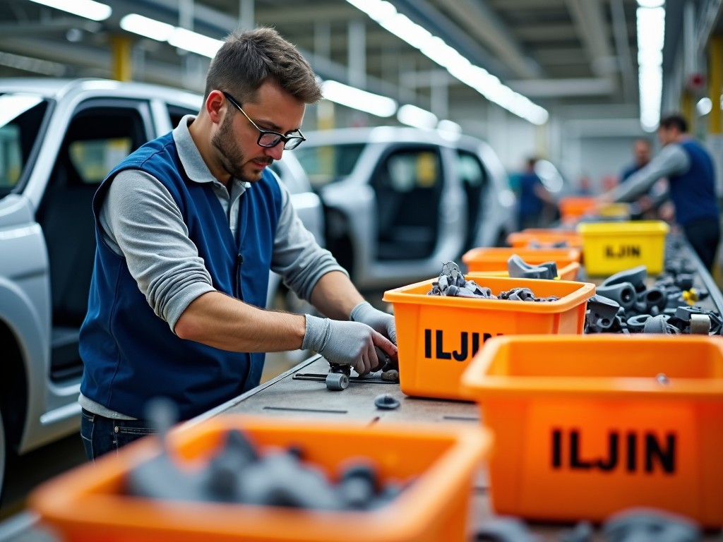 A worker assembling automotive parts in a factory setting, with focus on industrial production, orange containers with a brand name, cars being assembled in the background, modern manufacturing environment