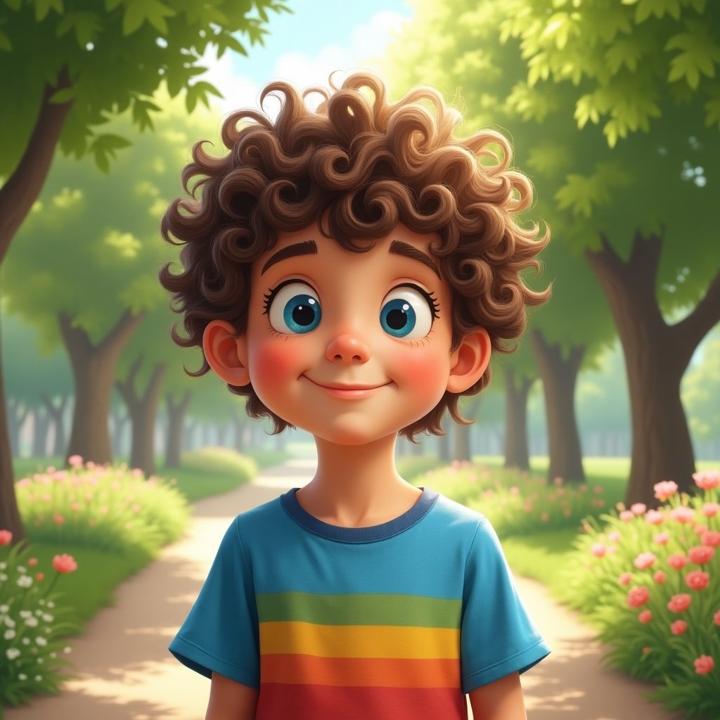 Child with curly hair walking along a sunny green path in a park. Bright colors and a cheerful atmosphere.