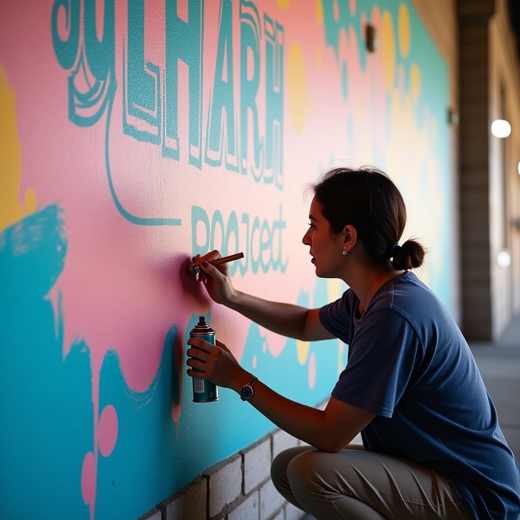 Artist spray painting a colorful mural on a wall with the text 'clear path project'