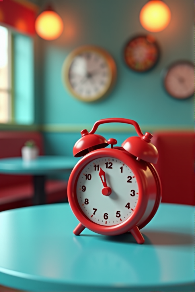 A vibrant red alarm clock sits on a turquoise table in a colorful, retro-themed diner with blurred clocks and warm lamps in the background.