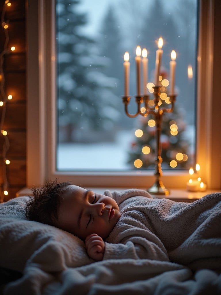 A baby sleeps soundly while a winter landscape shows outside. A menorah stands beside a Christmas tree decorated in the background. Warm lights fill the cozy room and create a serene atmosphere.