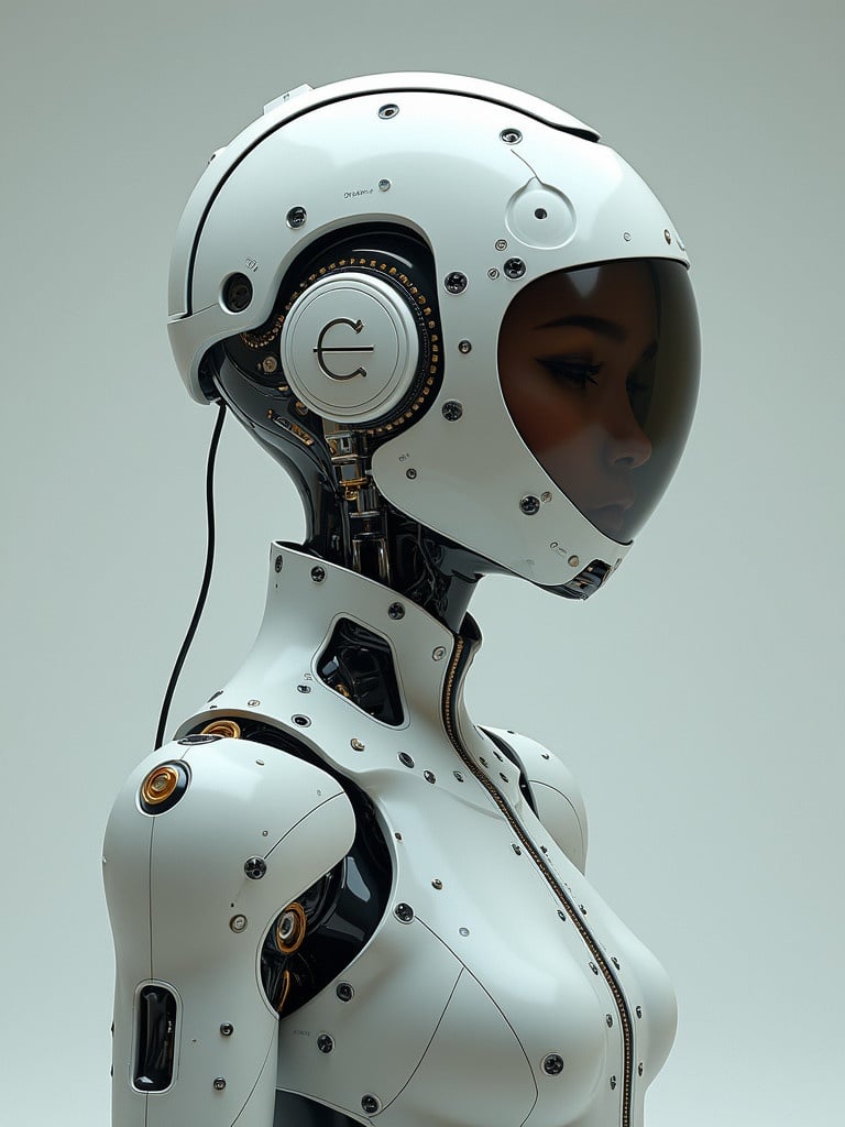 Cyborg model with biomechanical features. The design includes a white aesthetic. The model wears futuristic clothing. The image is rendered in 3D. It illustrates ideas about AI and technology.