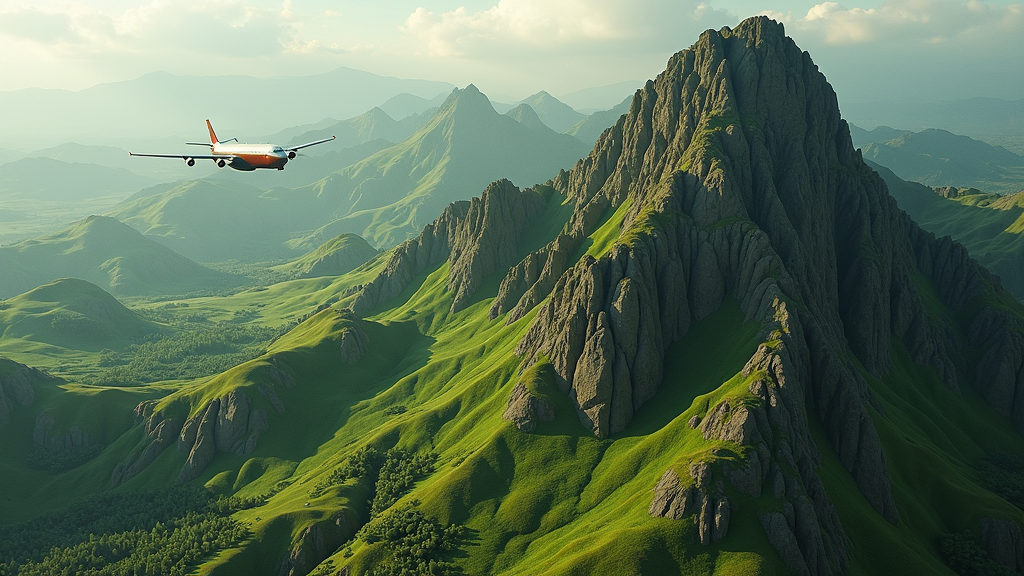 An airplane flies above dramatic green mountains with jagged peaks.