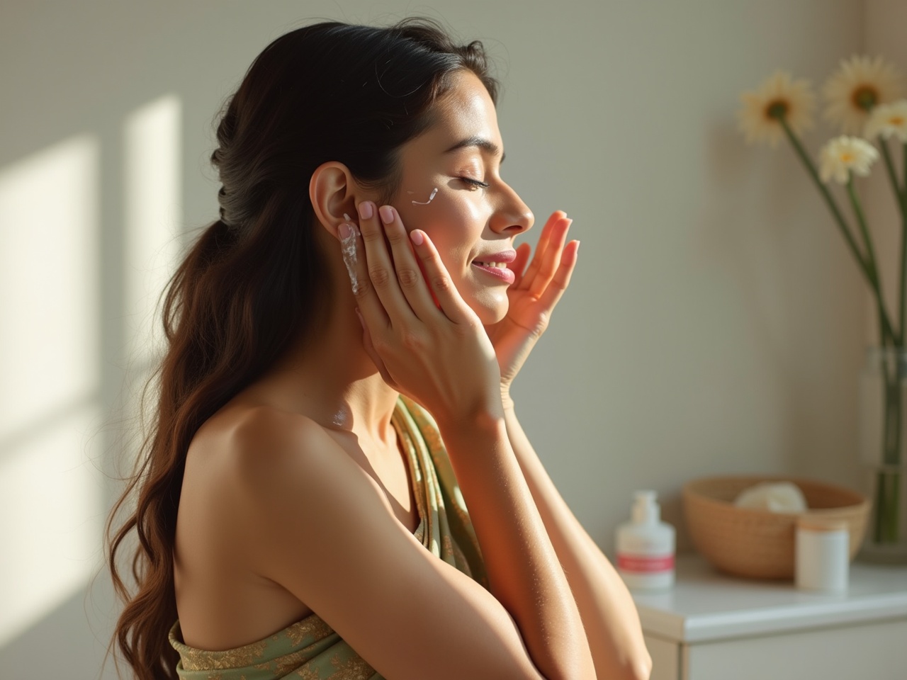 A stunning Indian woman with long, dark hair wearing a beautiful saree is in a serene, minimalist bathroom setting. She gently washes her face with natural skincare products. The lighting is soft and natural, highlighting her serene expression. This moment captures the delicate beauty of self-care and wellness. The background features soft colors and cozy design elements that enhance the tranquility of the scene.