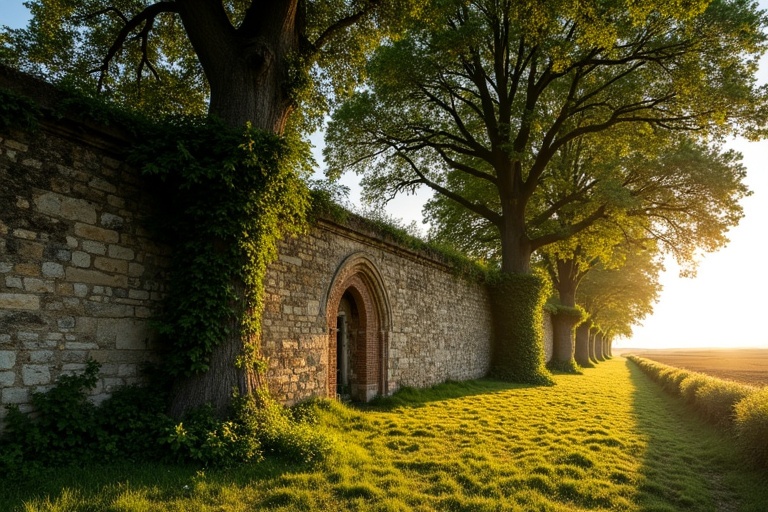 Ancient ruined wall with large box trees on either side. Trees cover the ruins like a canopy. Wall overgrown with vines and moss. Missing stones visible. Small glassless Romanesque double-arched window in the wall. Background features wide plain with fields. Evening scene of sunny late summer. Last rays of sunlight illuminate wall and treetops. Little ground vegetation with a few rays of sunlight hitting it.