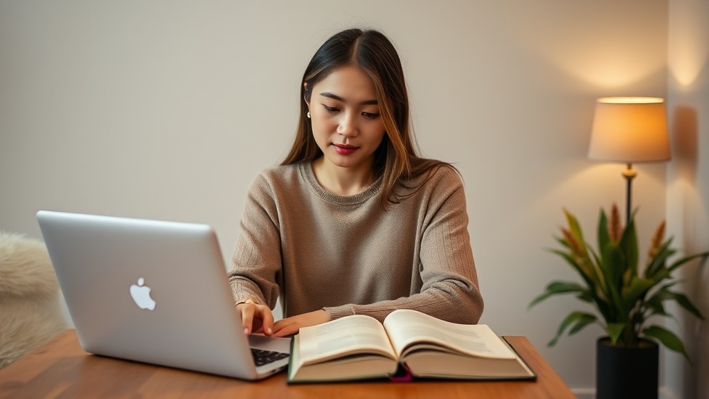 A person studying with a laptop and an open book in a cozy, well-lit room.