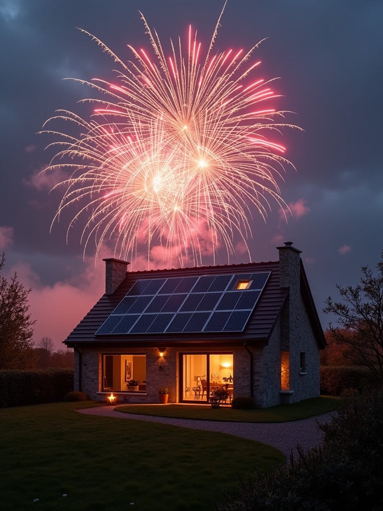 A house with solar panels in Ireland during a New Year's celebration. Fireworks illuminate the night sky in the background. Cozy interior lights shine through the windows. Green lawn surrounds the home. Cloudy sky enhances the festive atmosphere.