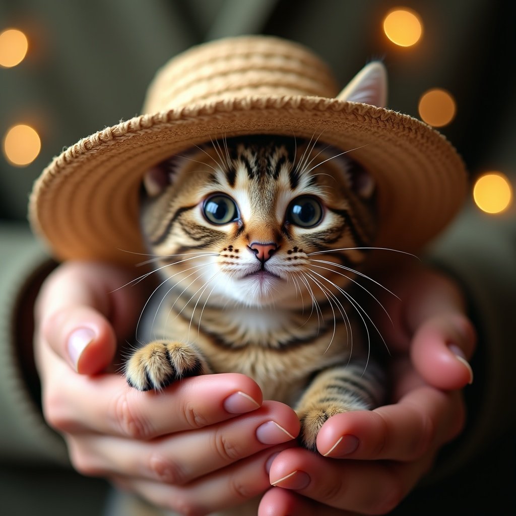 A cat in a straw hat held in human hands. Cat appears cute and happy. Background has soft bokeh lights.