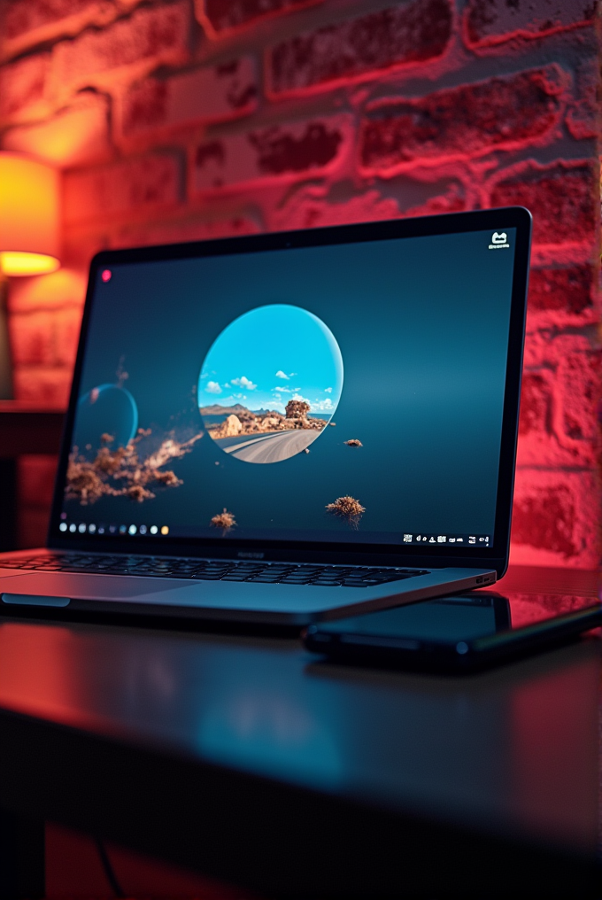 A laptop on a desk with a colorful screen, set against a glowing brick wall.