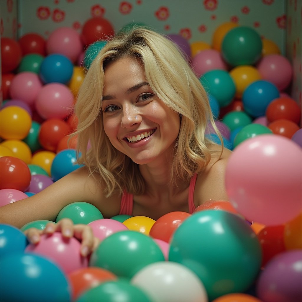 A blonde woman is surrounded by colorful plastic balls in a ball pit. The scene is vibrant and playful.