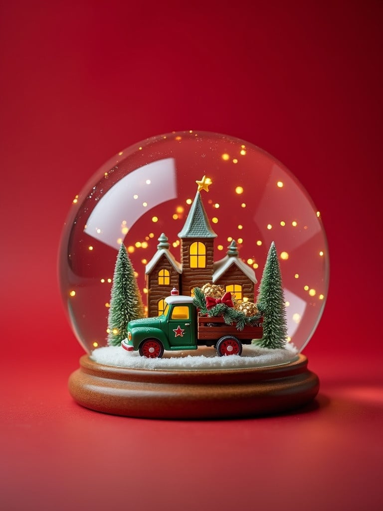 Snow globe on a red background. Snow globe contains buildings and a truck with festive decorations and glowing lights.