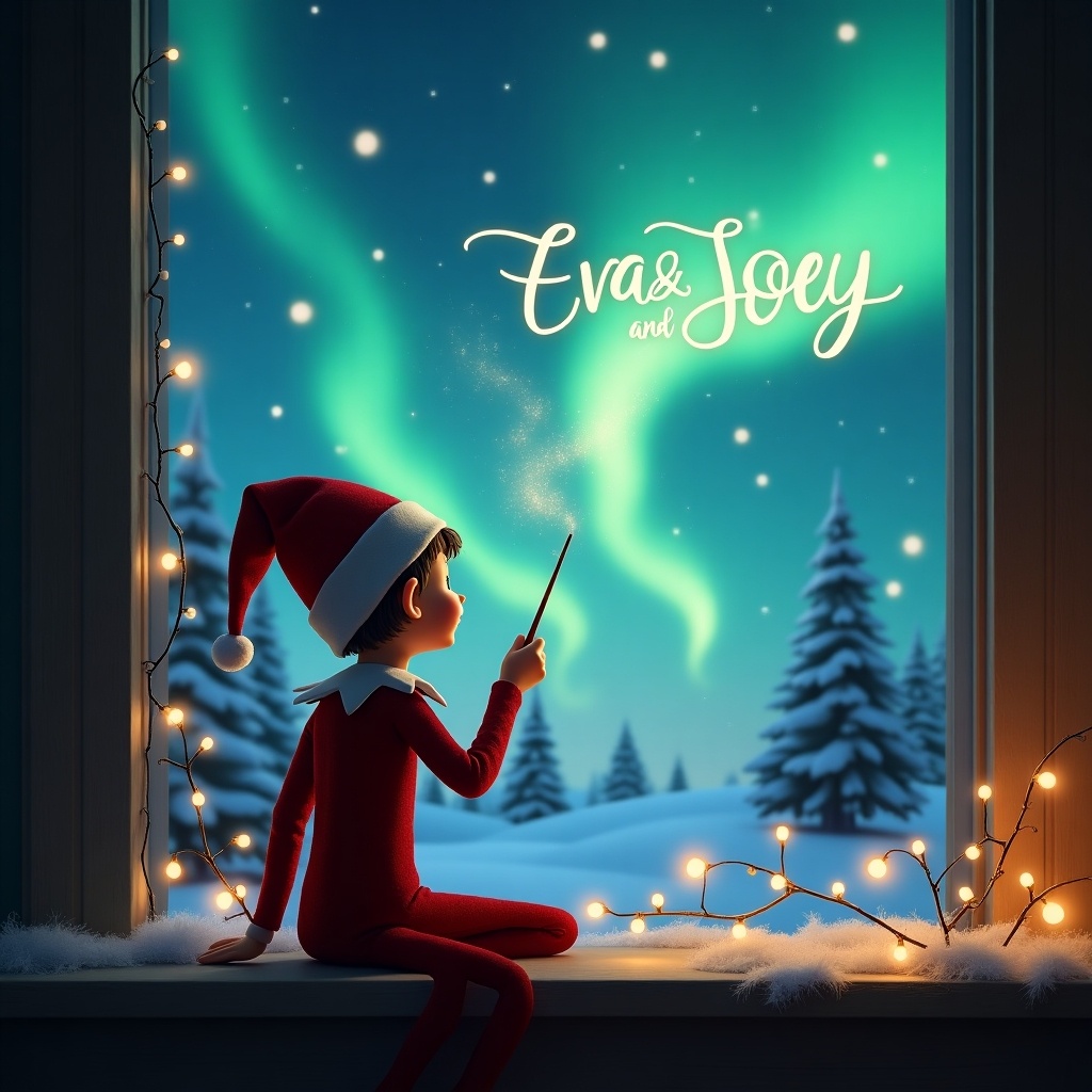 Elf on the shelf uses a wand to write in the sky while facing a magical Christmas background. The scene includes northern lights and festive decorations with a warm atmosphere.