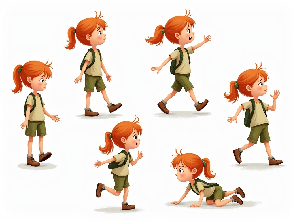 This illustration depicts a young girl with red hair tied in a ponytail, seen in six different poses as she walks and plays. She wears a green outfit with a backpack, embodying a playful and cheerful spirit. The image is lively and dynamic, capturing the innocence and energy of childhood.