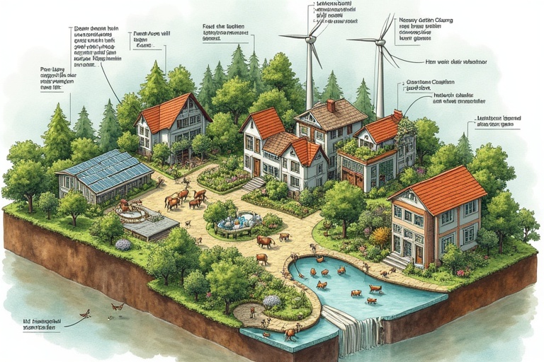 Isometric illustration showcases a sustainable city integrated with nature. Features vertical farms wind turbines and solar panels. Displays a circular food system livestock and greenhouses. Includes natural water filtration systems and diverse housing styles. Watercolor style renders the scene. Contains Dutch text labels detailing each element.