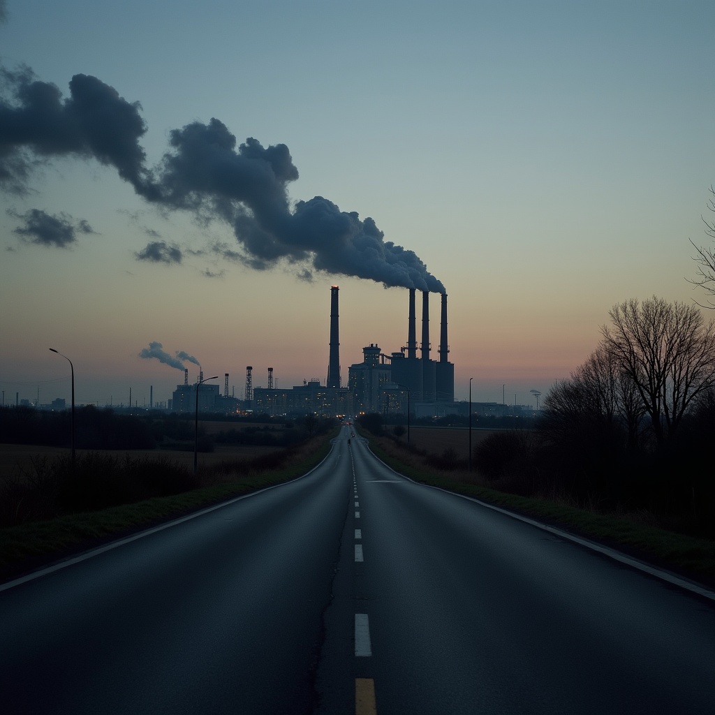 A road leads directly toward a large industrial complex. This complex features numerous chimneys that are emitting smoke into the atmosphere. The scene is set against a dusky sky, transitioning from day to night. The road appears empty, guiding the viewer's gaze toward the industrial facility. The overall ambiance conveys a sense of desolation as well as industrial activity.