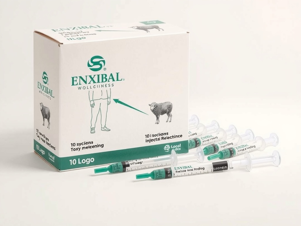 The image showcases a box of fictional medicine labeled 'ENXIBAL WOLLCINESS' with an illustration of a sheep and a figure depicting possible medical use. Several syringes are positioned beside the box, suggesting an injectable product. The text and imagery appear to parody medical packaging humorously, using nonsensical words and graphics.