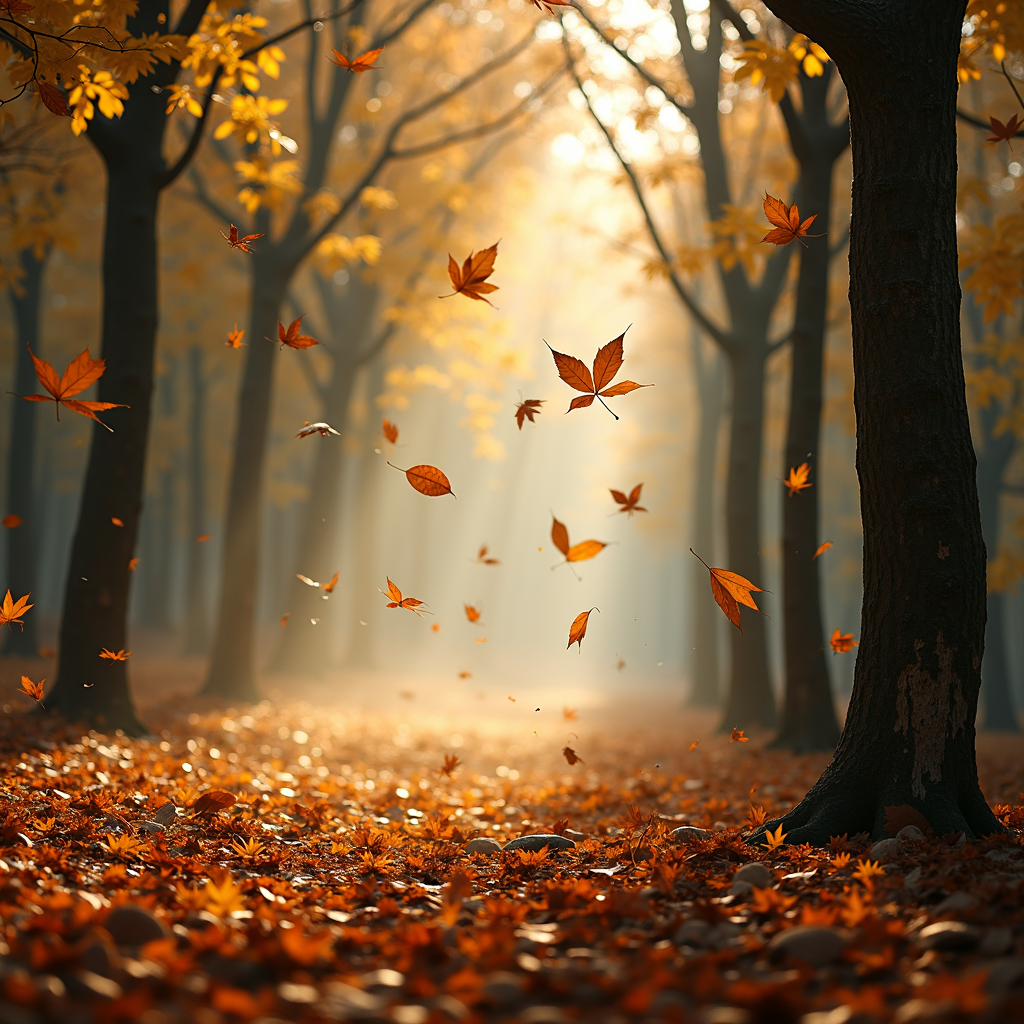 A serene autumn forest scene with golden leaves gently falling in the sunlight.