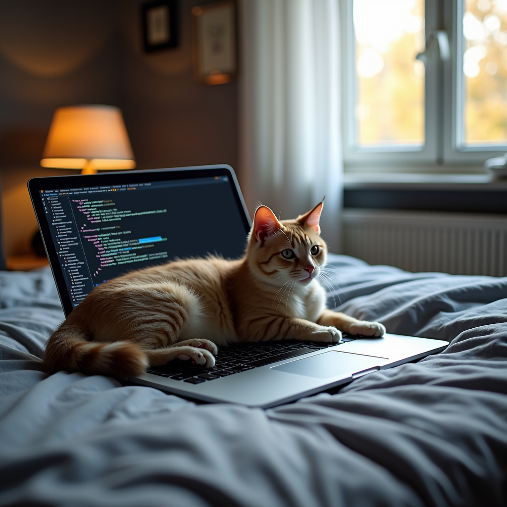 A ginger cat lounging on a laptop displaying code in a cozy bedroom setting.