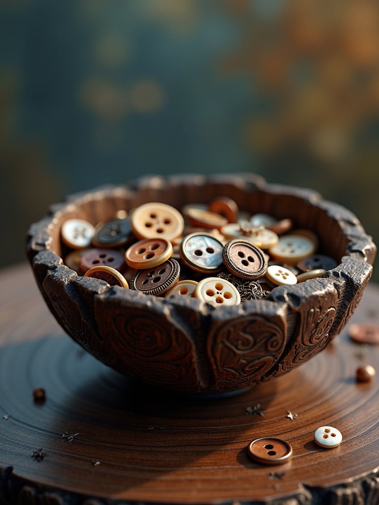 Detailed image of an intricately carved zebra wood bowl filled with various buttons. The bowl has rich dark patterns. Background transitions from blue to gold. Buttons in different shapes and materials, including mother-of-pearl and metal. Highly detailed, focusing on textures. Rendered in a matte-painted style. Overall mood is one of wonder and enchantment. Quality resembles Unreal Engine 5.