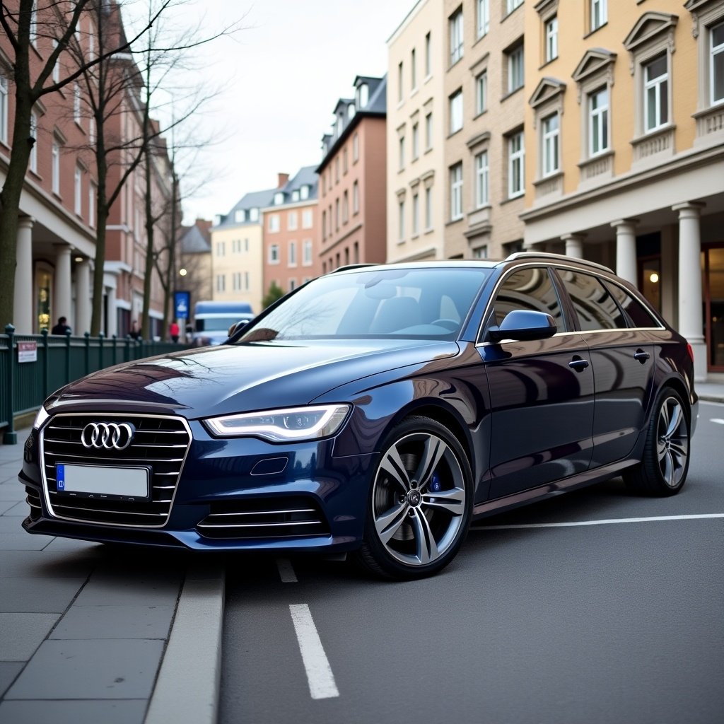 Audi A4 B8.5 features a dark blue color. It has Audi B1571 rims. The car is parked in a modern urban area. Buildings are in the background. There is clear visibility of the car's design.