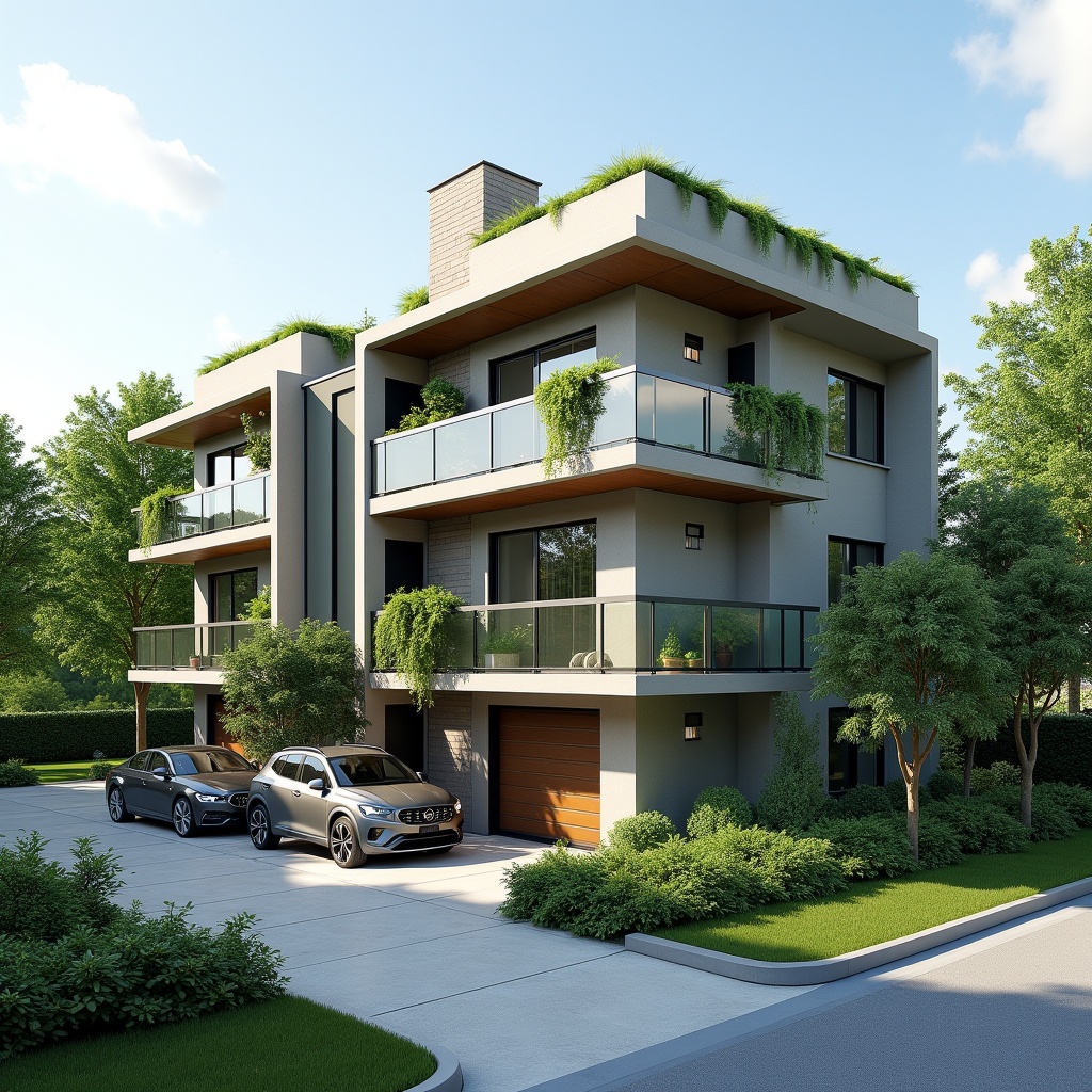 Modern two-storey apartment building on a landscaped plot. Features multiple balconies with greenery. Emphasizes sustainability and urban aesthetics. Limited parking, ample landscaping. Ideal for real estate and architectural designs.