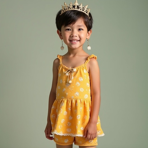 Little boy wears a yellow sun dress with patterns. He has dangling earrings. A tiara rests on his head and he stands confidently. Background is muted and soft.