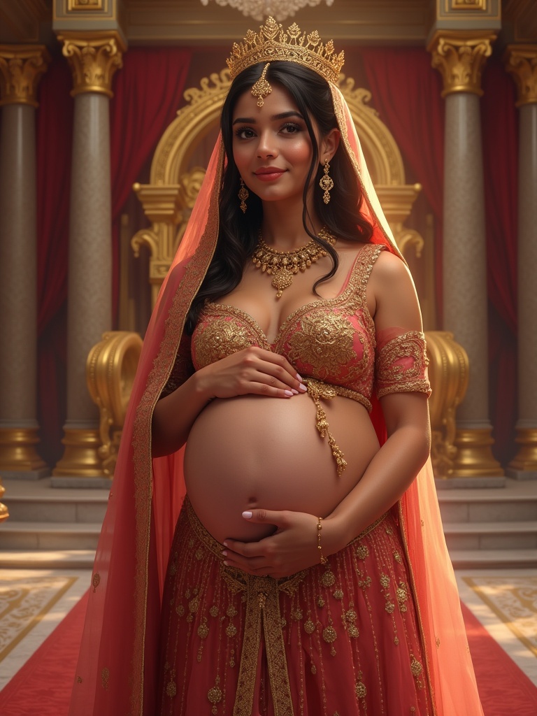 Artistic illustration of a pregnant queen in a royal palace. She wears a traditional gown with gold embroidery. Her hands cradle her baby bump. The setting features tall pillars and velvet drapes. The mood is serene and majestic. Soft warm lighting enhances the atmosphere.