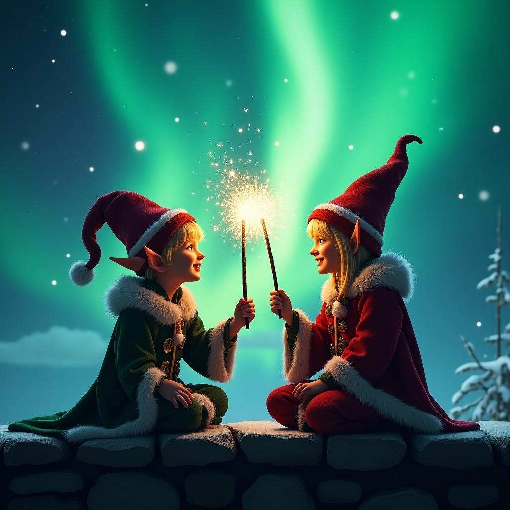 Two elves on a stone ledge face each other with wands raised. Northern lights dance above in greens and blues. They are dressed in festive cloaks with pointed hats. Their expressions show wonder and joy. The scene captures friendship and magic in winter.