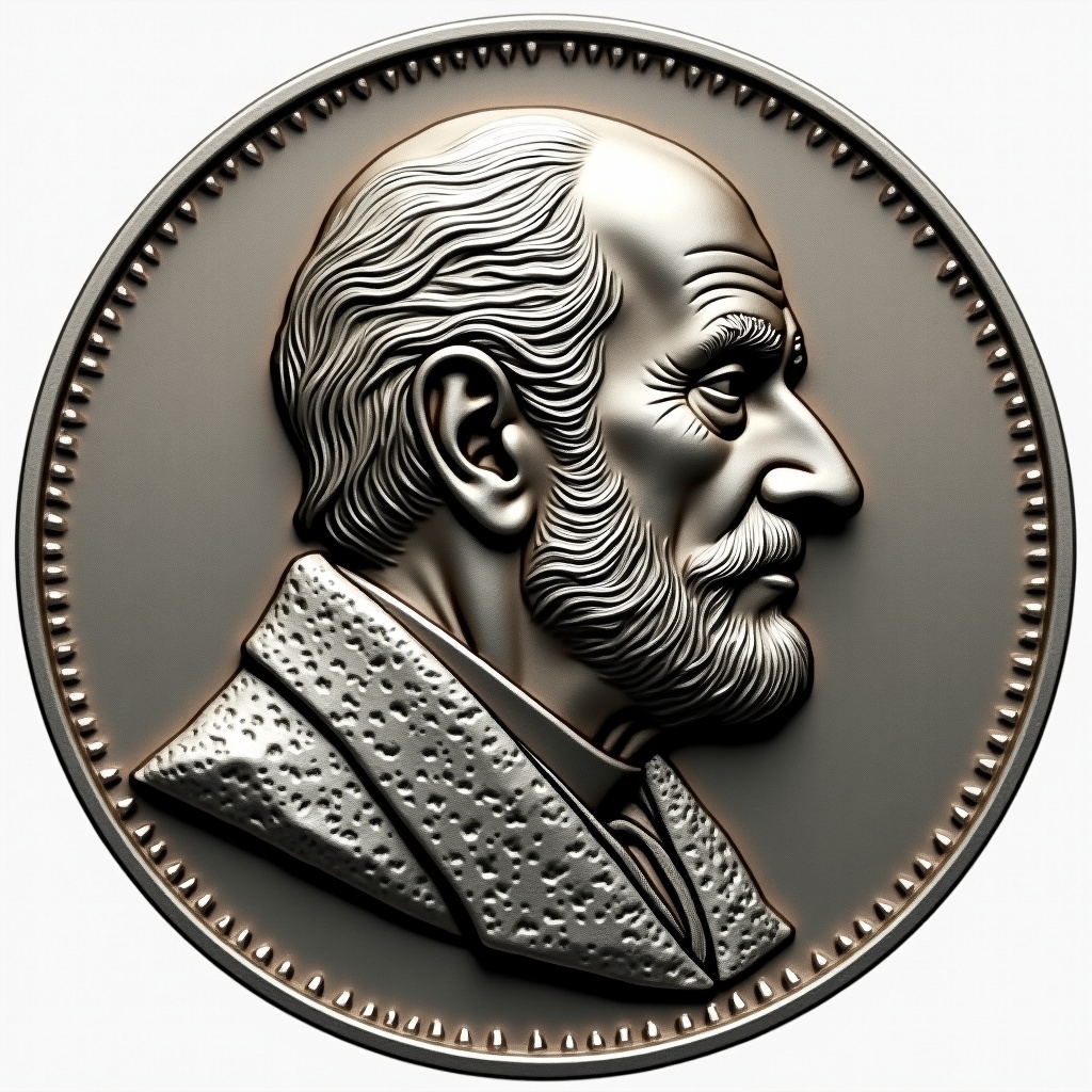 This image depicts a silver coin showcasing a profile portrait of an elderly man, reminiscent of a beloved animated character from the film 'Up'. The coin has a textured surface giving an impression of depth and detail. The man's features, including a prominent nose and facial hair, are artistically rendered in relief. The background is a simple silver tone that enhances the focus on the coin's design. This collectible could appeal to fans of the movie or coin enthusiasts looking for unique pieces.