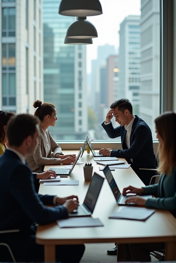 A group of people in business attire have a meeting in a modern office with large windows overlooking a cityscape.