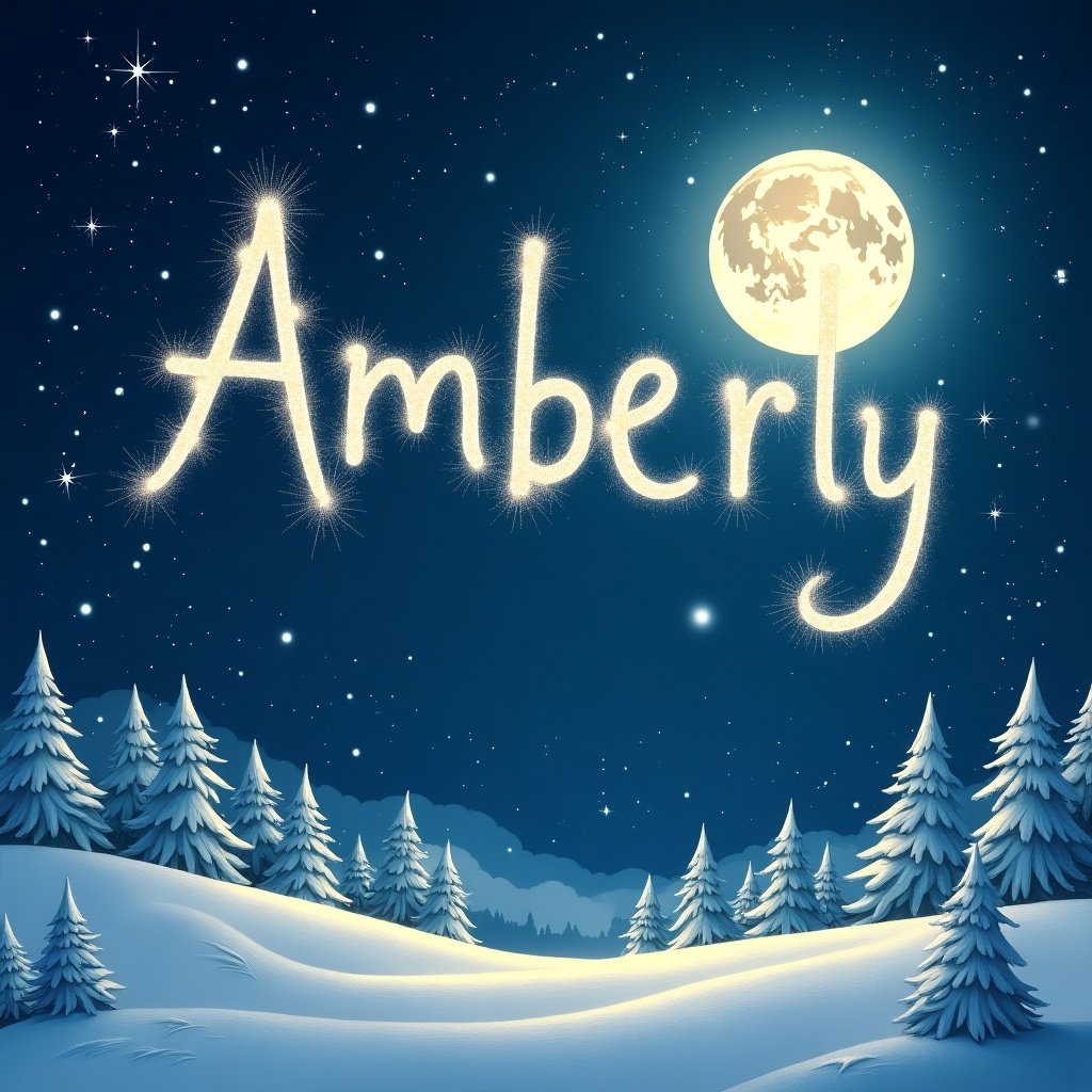 The image depicts the name 'Amberly' beautifully written in the night sky, as if by Santa's magical touch. Surrounding the text are twinkling stars and a bright full moon casting a gentle glow. Below, a serene snowy landscape unfolds with tall pine trees dusted in snow. This enchanting scene evokes feelings of joy and wonder during the holiday season. The overall ambiance is whimsical and festive, capturing the magic of Christmas nights.