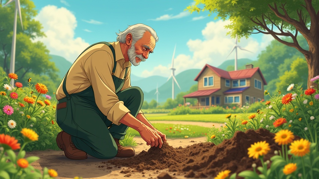 A heartwarming Solarpunk scene. An elderly farmer kneels on the ground. He crumbles fertile soil between his fingers. The farmer has kind eyes and a serene smile. The setting includes a lush farm with diverse crops and flowers. In the background, there are solar panels and wind turbines. Warm sunlight creates a magical glow. The artistic style is detailed and whimsical.