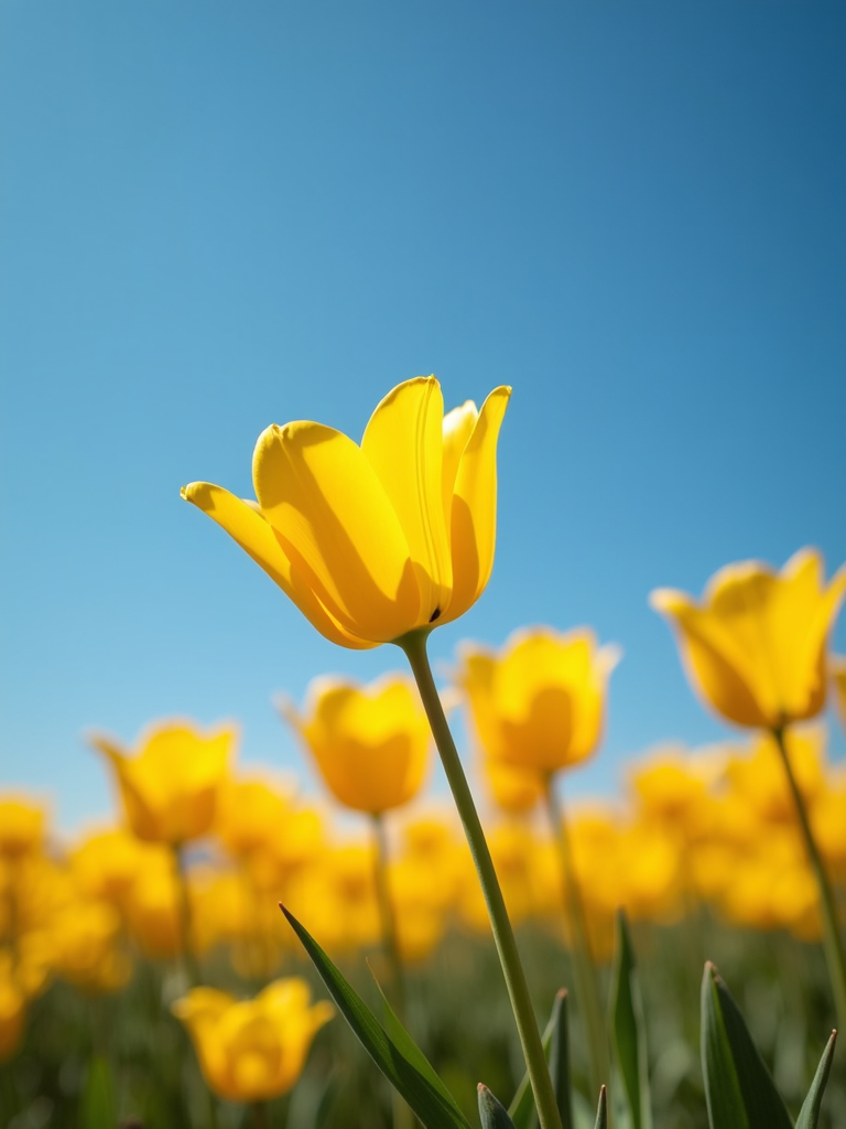 A vibrant field of yellow tulips stands tall beneath a clear blue sky.