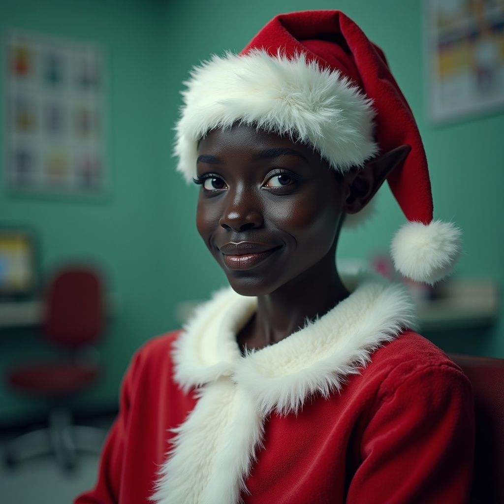 Black Santa elf in a hospital setting. The figure is dressed in a traditional red and white Santa outfit. Background features hospital elements. Expresses festive spirit in a healthcare environment.