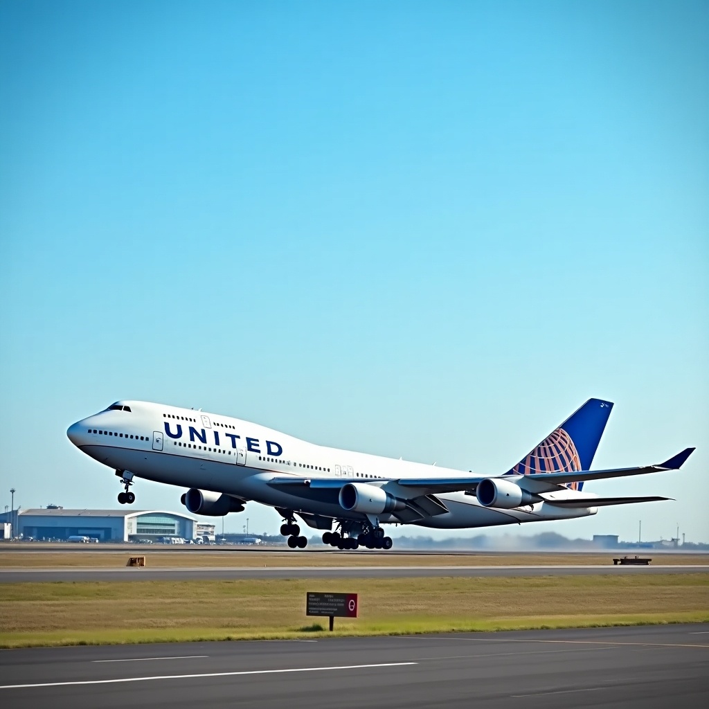 United Airlines Boeing 747-400 aircraft taking off from the runway. Bright sunny day with clear skies. The airplane is shown in a dynamic angle from ground level as it ascends.