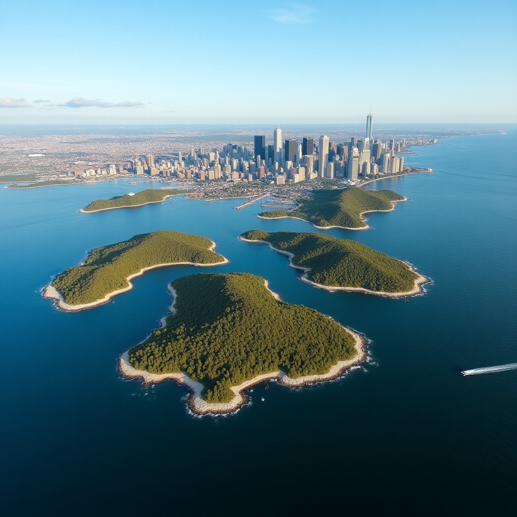 Aerial view of New York's archipelago with city skyline in the background. Lush green islands surrounded by blue waters. Urban landscape juxtaposed with natural elements.