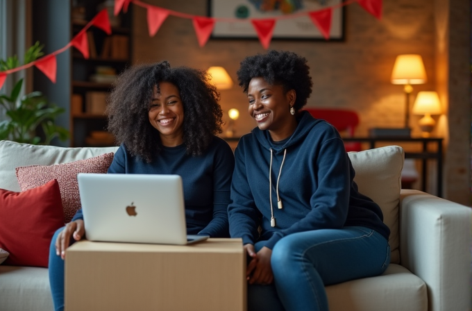 Two friends are happily watching something on a laptop while sitting on a cozy sofa.