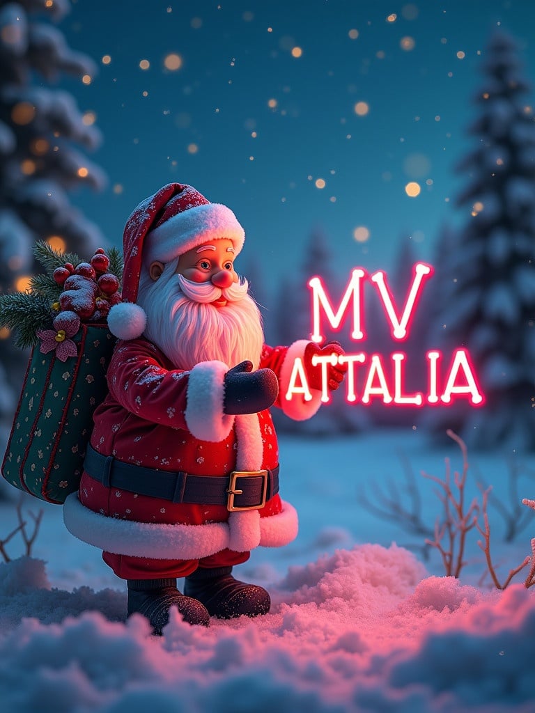 Christmas scene featuring Santa Claus. Santa writes MV ATTALIA in colorful font in the night sky using a glowing pen. Snow-covered landscape adds a festive touch. Magical and inviting atmosphere.