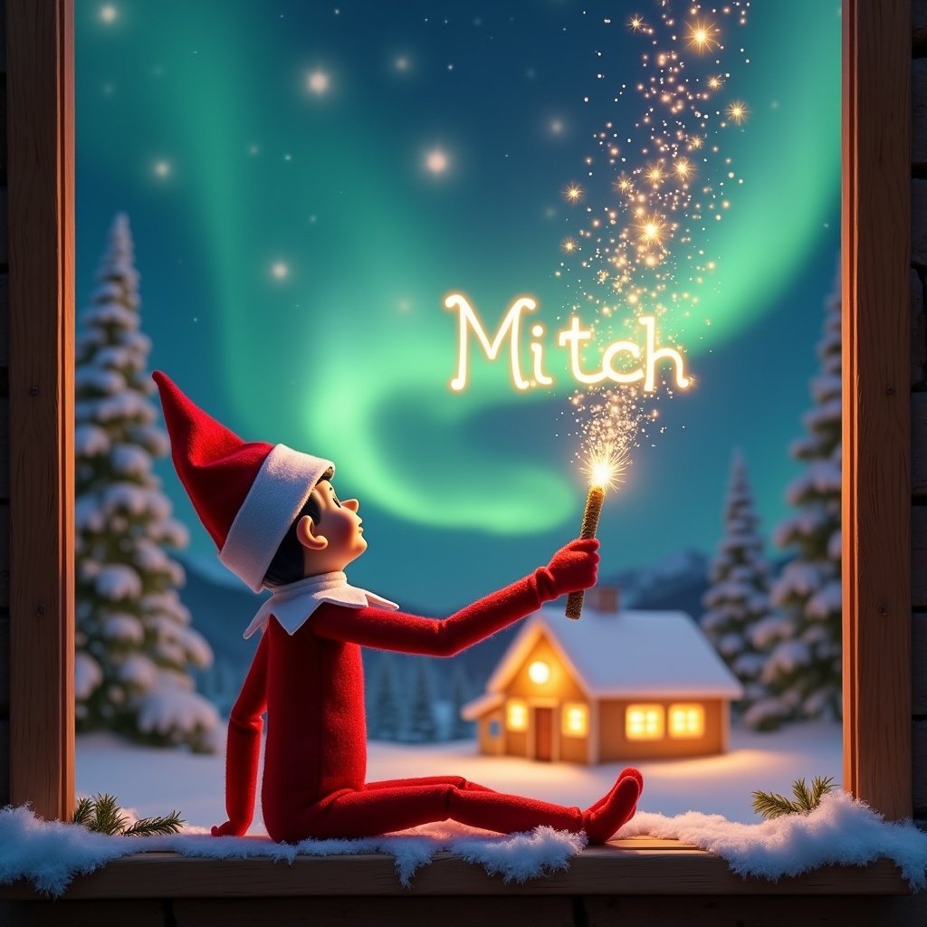 Elf on the shelf gazes skyward. It holds a glowing wand with sparkling light. Background features Christmas scene with northern lights. Cozy house decorations. Snow covers the ground. Elf embodies Christmas magic.