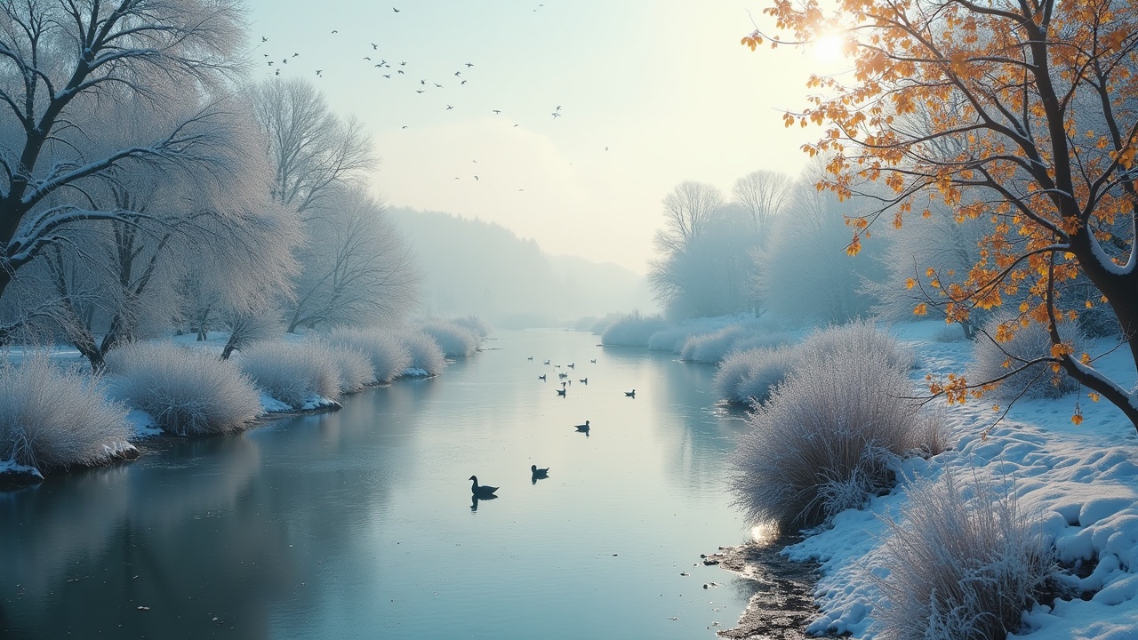 The image depicts a peaceful winter scene with a frozen river. Ducks glide calmly across the icy water, while a backdrop of white frost blankets the shoreline. Birds can be seen flying in the distance, creating a sense of movement in the serene landscape. The trees are adorned with yellowing leaves, contrasting beautifully against the cold colors of winter. Soft light enhances the tranquil atmosphere, inviting viewers to appreciate nature's beauty during the winter months.