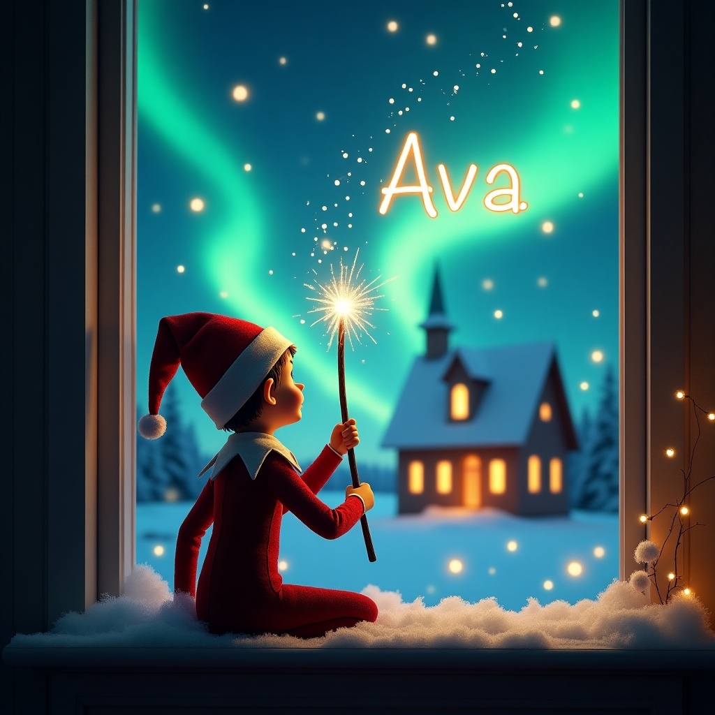 The image features an enchanting Christmas scene with an elf on the shelf. The elf is positioned with his back to the viewer, gazing up at the starry sky. He is wielding a magical wand, sparkling as he writes ‘Ava’ in the night sky. The background is filled with beautiful northern lights, creating a whimsical and festive ambiance. A cozy house is visible, enhancing the holiday spirit with its warm glow. Snow gently accumulates on the window sill, adding to the winter wonderland feel.