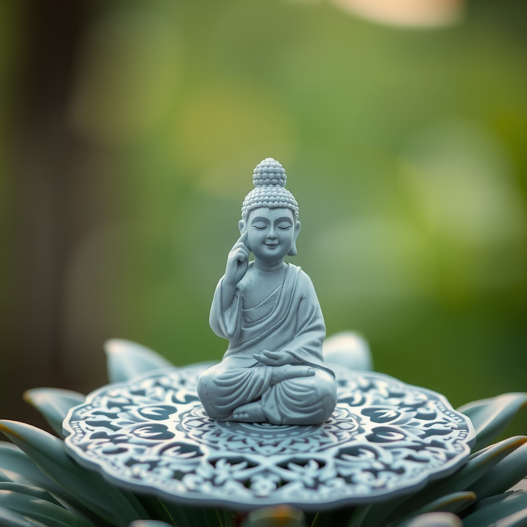 A small Buddha statue meditates peacefully on an ornate, floral-patterned platform against a soft, green background.