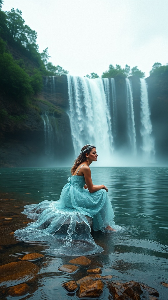 A serene image depicting a woman in an elegant turquoise gown sitting on rocks near a majestic waterfall. The cascading water forms a dreamy backdrop, with mist rising subtly into the lush greenery that frames the scene. The overall ambiance is calming and ethereal, suggesting a moment of contemplation and unity with nature.