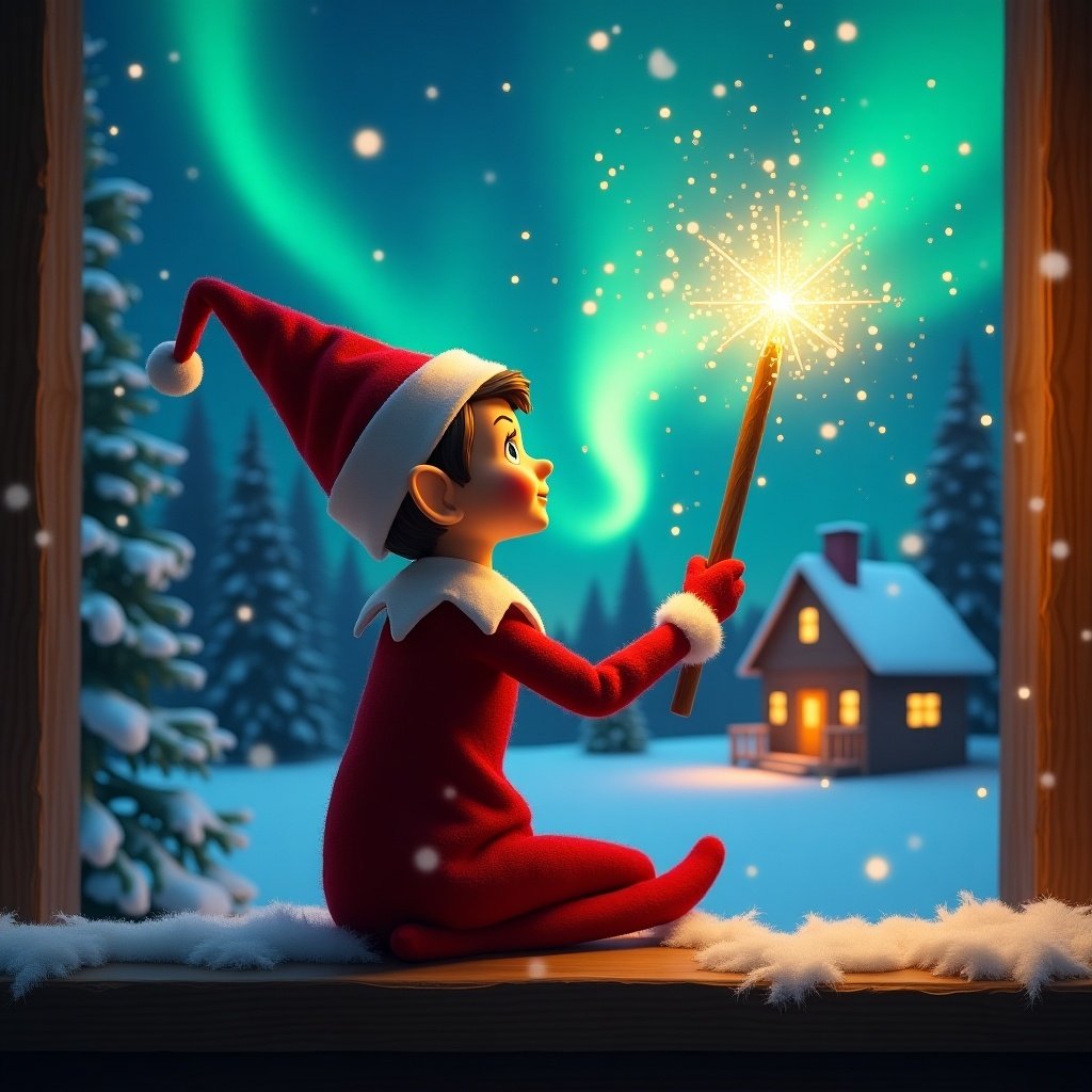 An elf sits on a shelf with its back to the viewer. The elf gazes at the sky while holding a glowing wand. Colorful northern lights illuminate the scene. A cozy house is visible in the distance. Snow covers the ground. The elf represents the magic and wonder of Christmas.