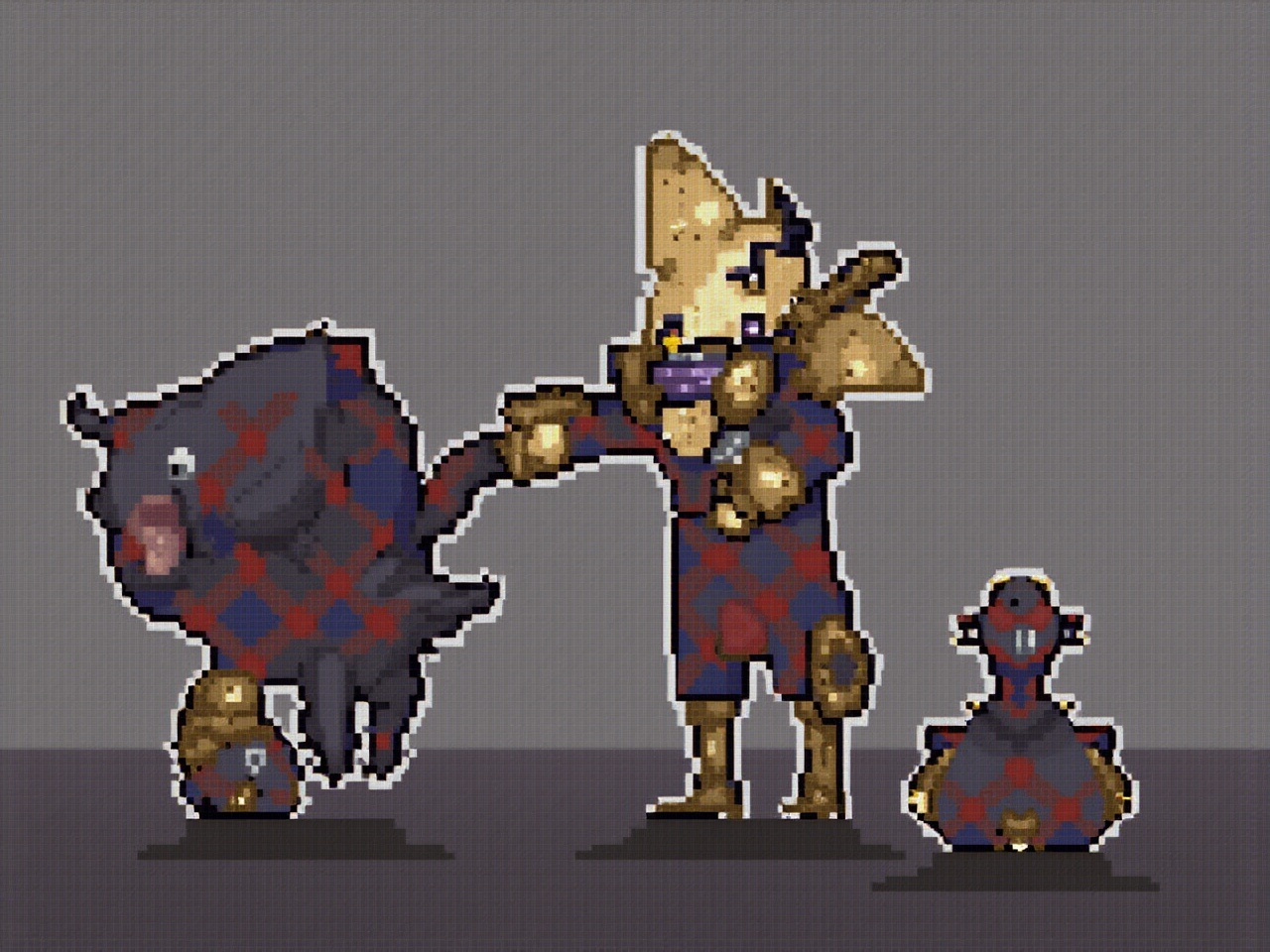 The image showcases a pixel art style featuring three characters. The main character is a humanoid figure adorned in golden armor and a vibrant checkered outfit. They hold onto a quirky creature that also has a similar checkered pattern, giving a whimsical vibe. To the side, a smaller character stands, completing the trio. The background is simple, allowing the characters to stand out prominently. This artwork evokes a sense of fun and creativity, typical in indie games.